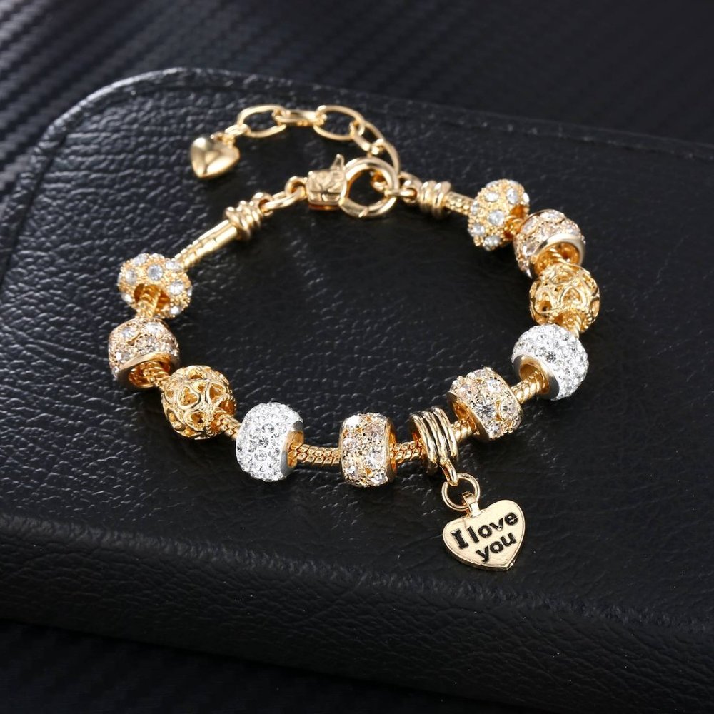 Charms Crystal Heart of Gold Plated, Sil Charms Bracelet